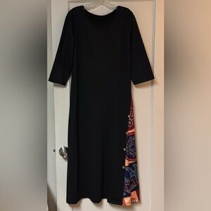 Long Black Knit dress 3/4 Sleeve with Colorful Print Insert Button Detail Size L